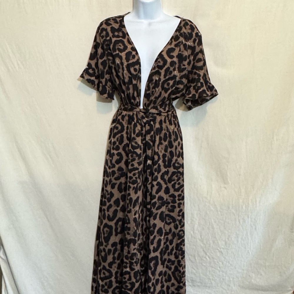 B-144 SHEIN PLUS SIZE 1X Brown Black White Animal Print Short Sleeve‎ Maxi Dress